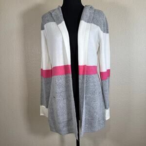NWOT Love Ellie Open Front Block Stripes Hooded Pockets Gray White Pink Women S